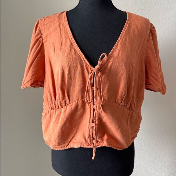 Levi's Luisa Linen Blend Cropped Puff Sleeve Blouse V-neck Top Sz L‎ Milkmaid - Picture 4 of 8